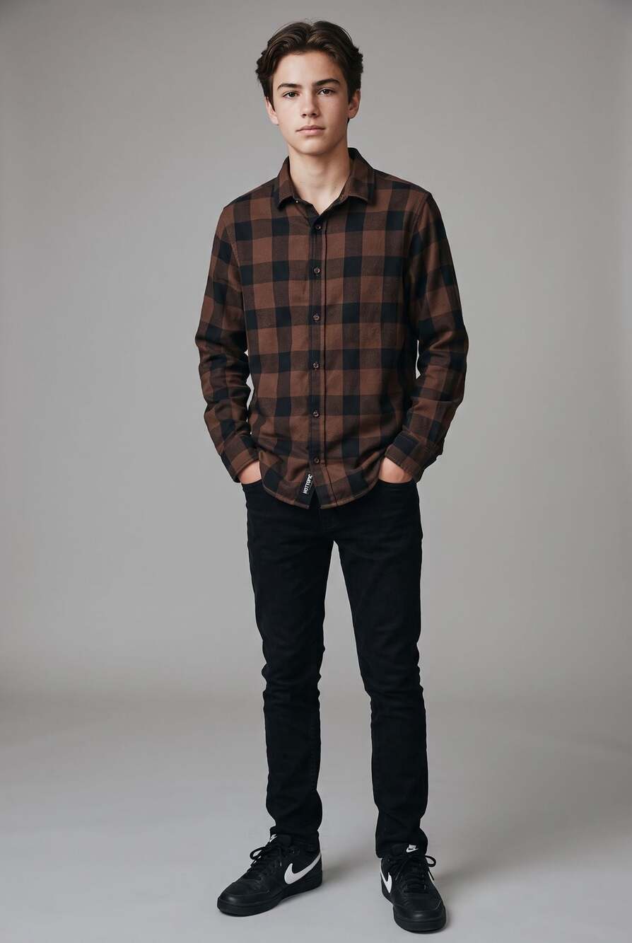 Hot Topic Brown Plaid Rip Skeleton Woven Long Sleeve Button-Down Shirt